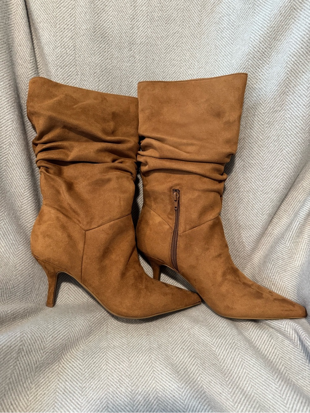 Nine West Cognac Slouchy Pointed-Toe Mid-Calf Heeled Boots